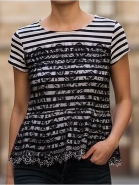 ELLE - Striped Black & Gray Peplum Lace Overlay Tee - Size L